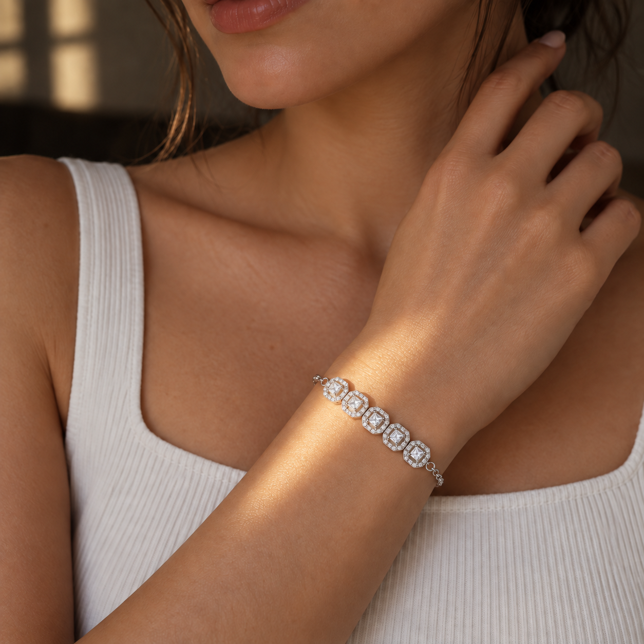 Shimmering Quintet Halo Bracelet – 925 Sterling Silver Radiant Solitaire Sequence