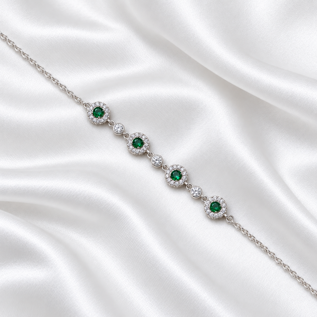 Green Halo Charm Bracelet – Sterling Silver 925 Elegant Design