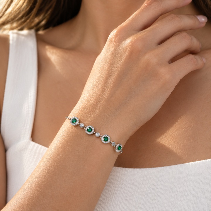 Green Halo Charm Bracelet – Sterling Silver 925 Elegant Design