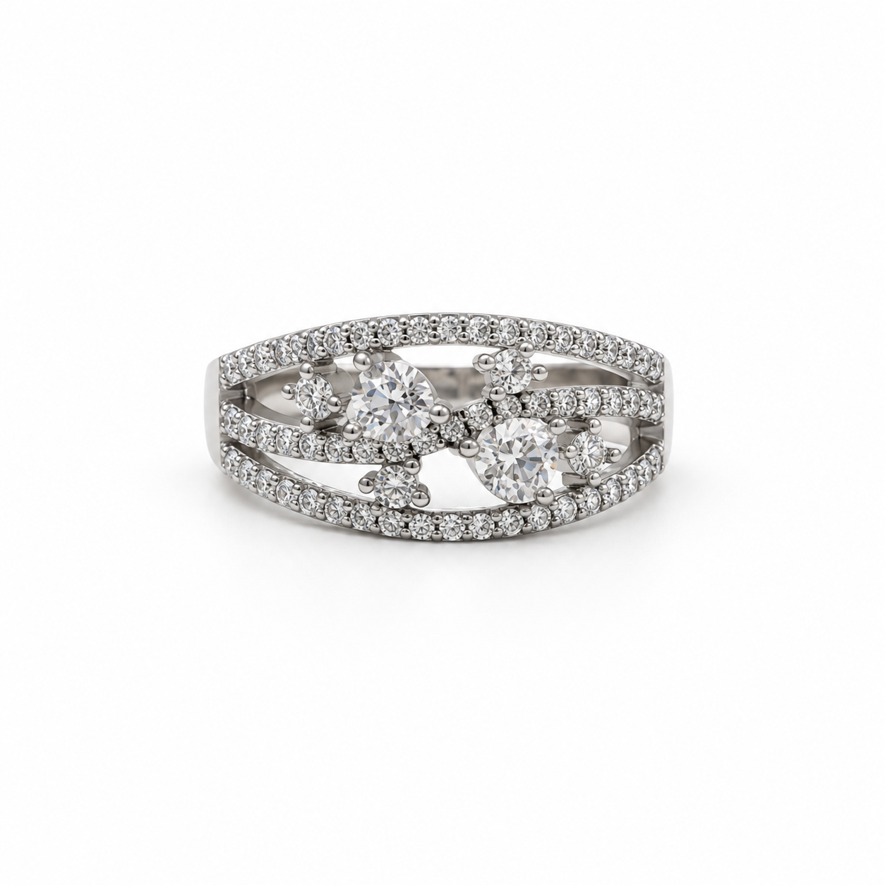 925 Sterling Silver Multi-Stone Open Design Ring – Elegant Crystal Statement Ring