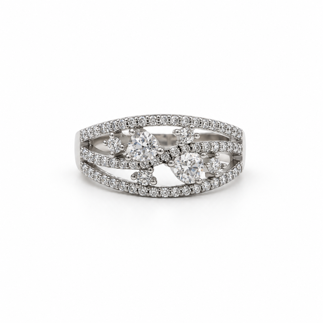 925 Sterling Silver Multi-Stone Open Design Ring – Elegant Crystal Statement Ring