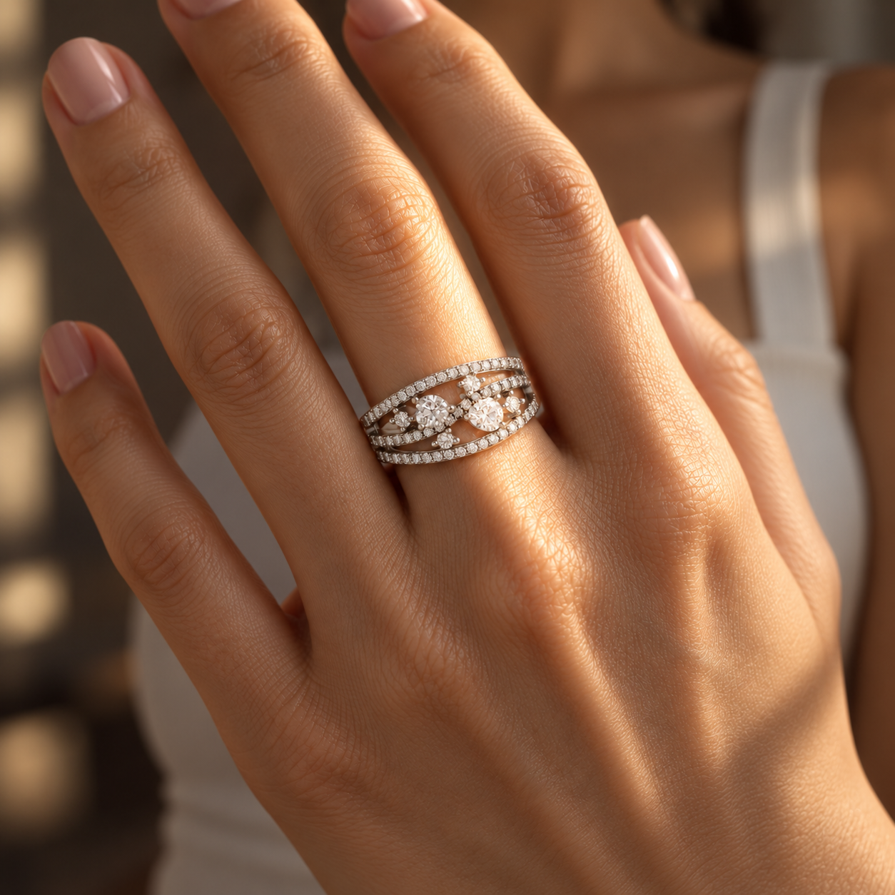 925 Sterling Silver Multi-Stone Open Design Ring – Elegant Crystal Statement Ring