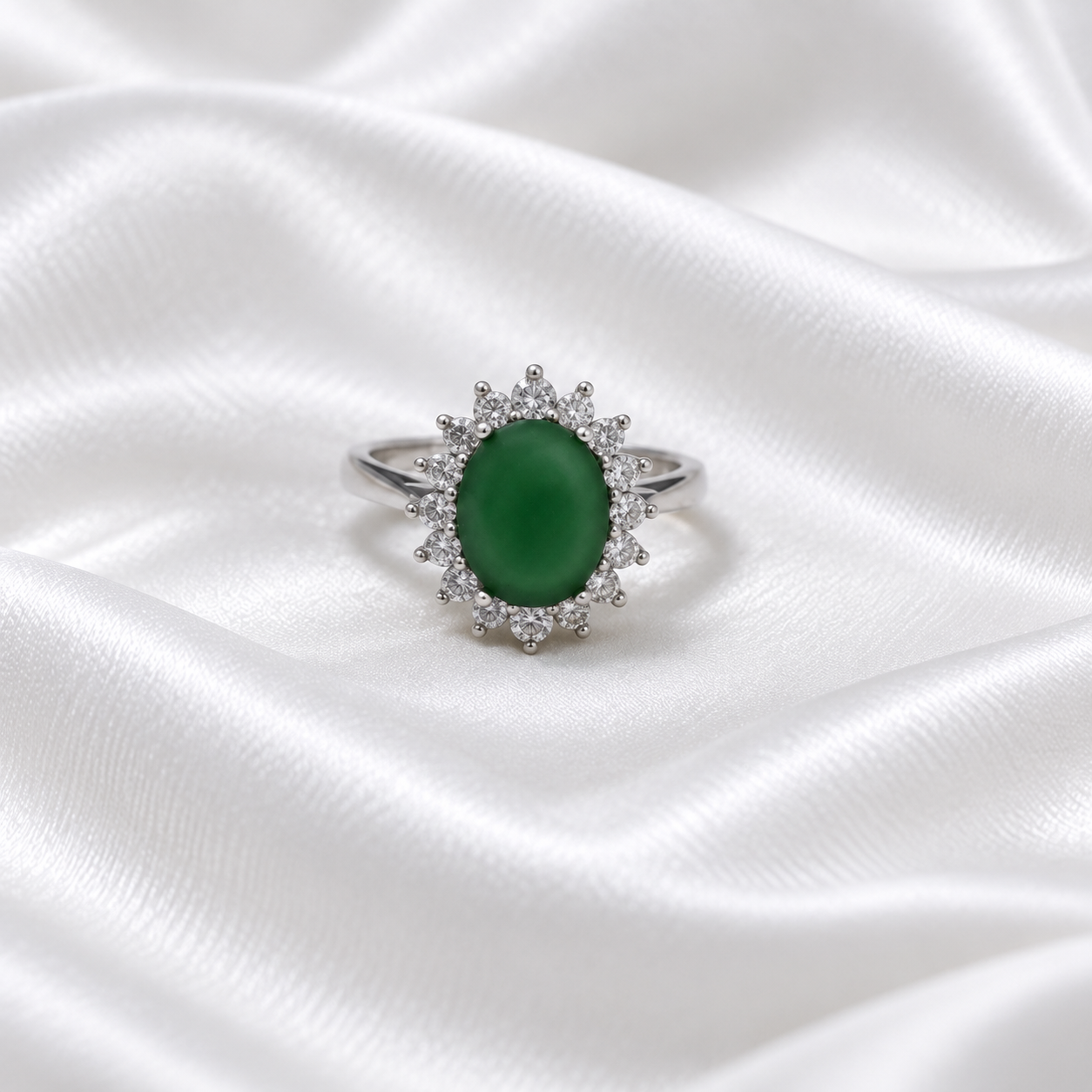 Green Oval Sparkle Silver Ring