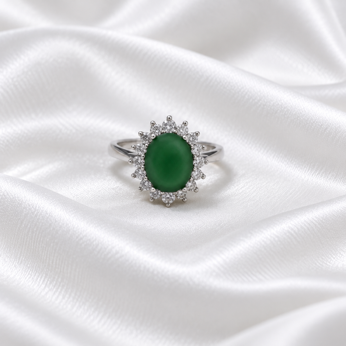 Green Oval Sparkle Silver Ring