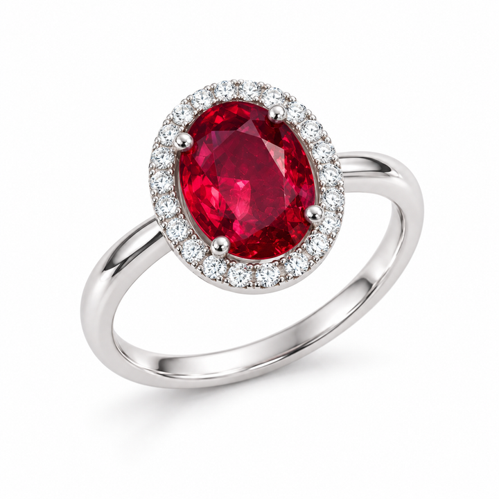 Women’s ruby-red oval cubic zirconia halo ring in 925 sterling silver

