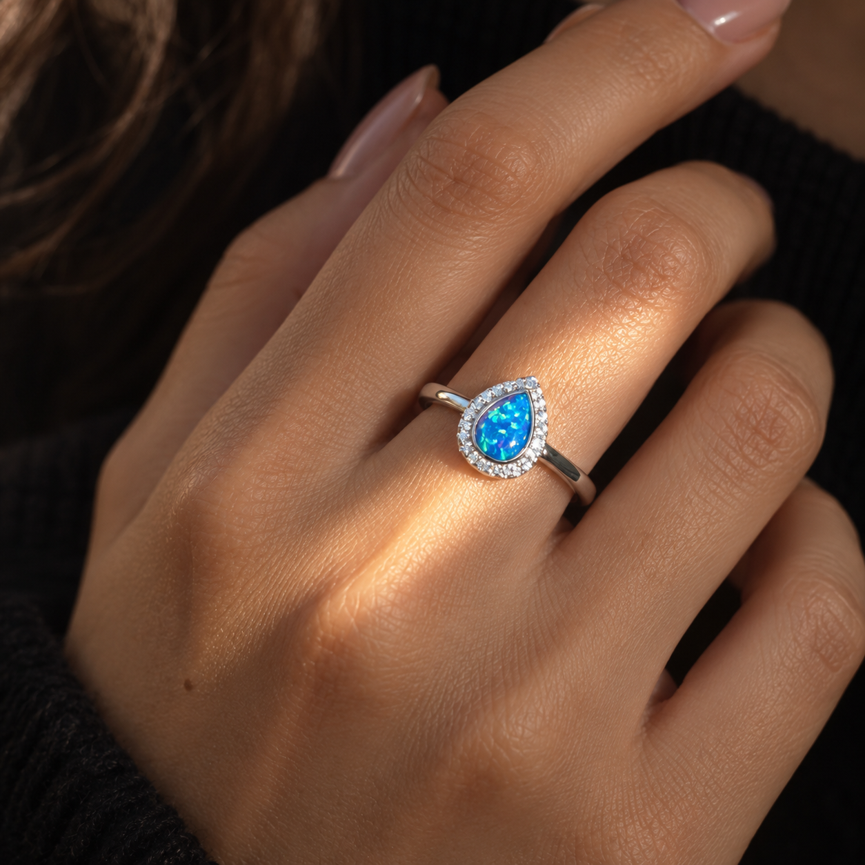 Pear-Shaped Blue Opal Halo Ring – 925 Sterling Silver