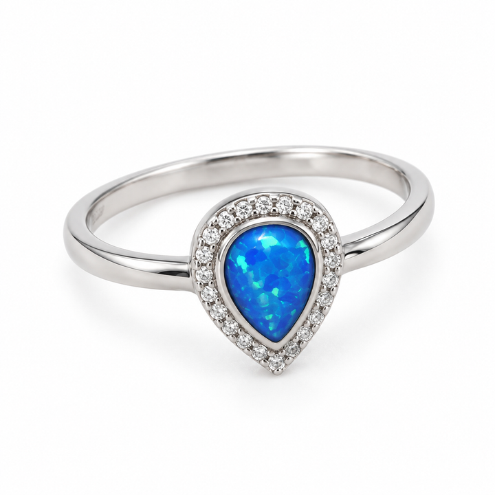 Pear-Shaped Blue Opal Halo Ring – 925 Sterling Silver