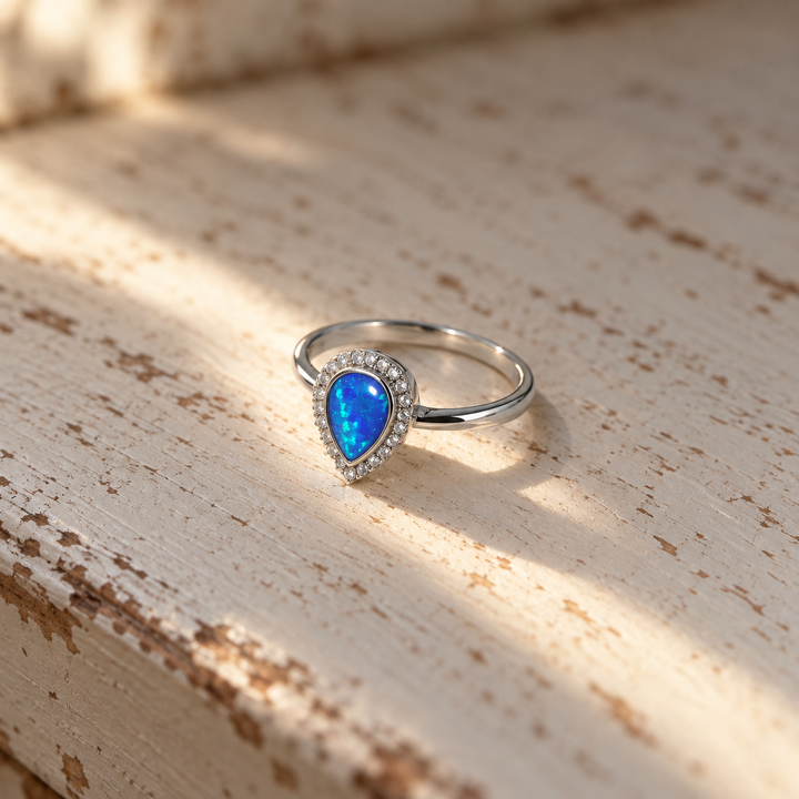 Pear-Shaped Blue Opal Halo Ring – 925 Sterling Silver