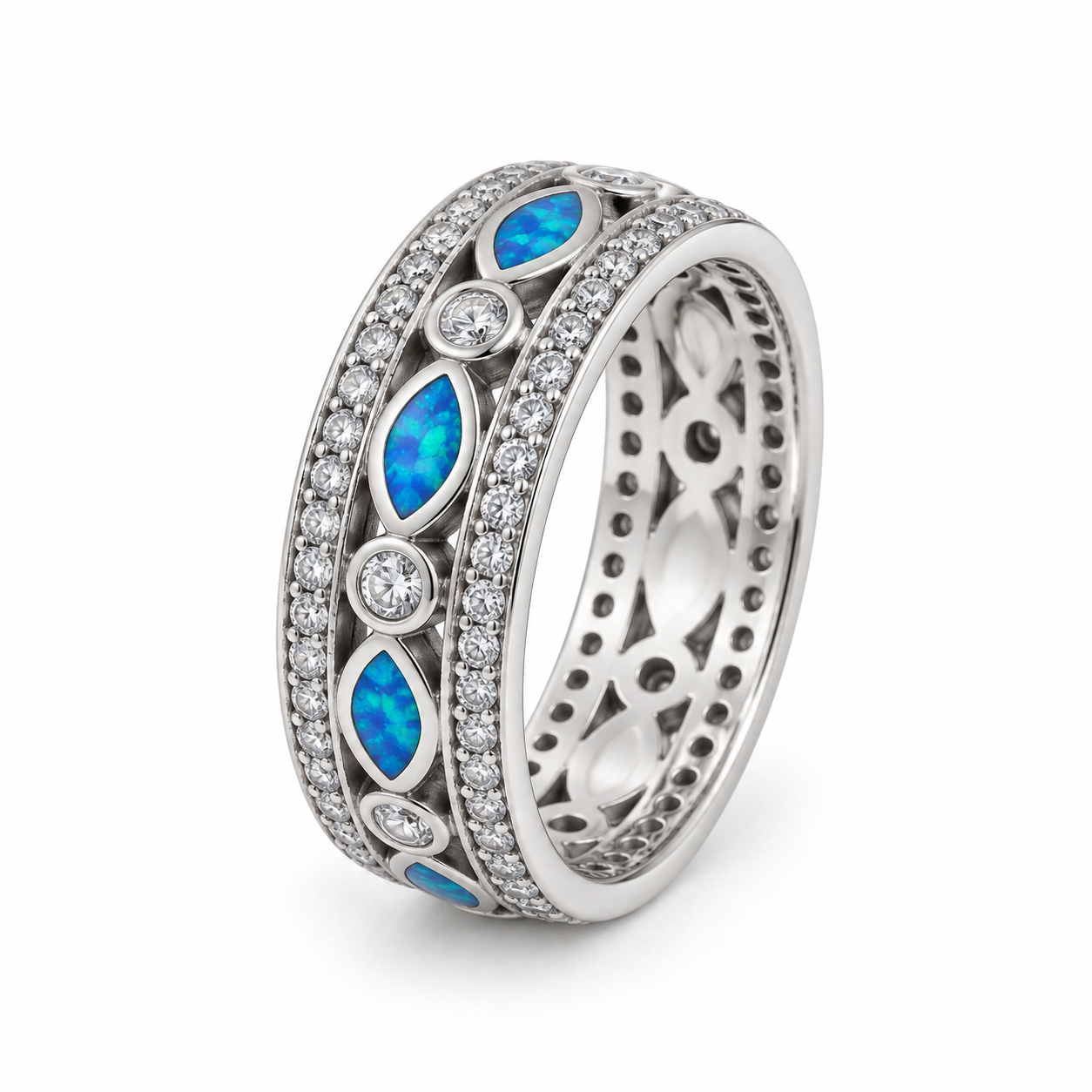 Blue Opal Marquise Eternity Ring – 925 Sterling Silver