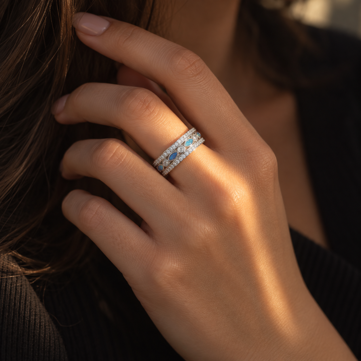 Blue Opal Marquise Eternity Ring – 925 Sterling Silver