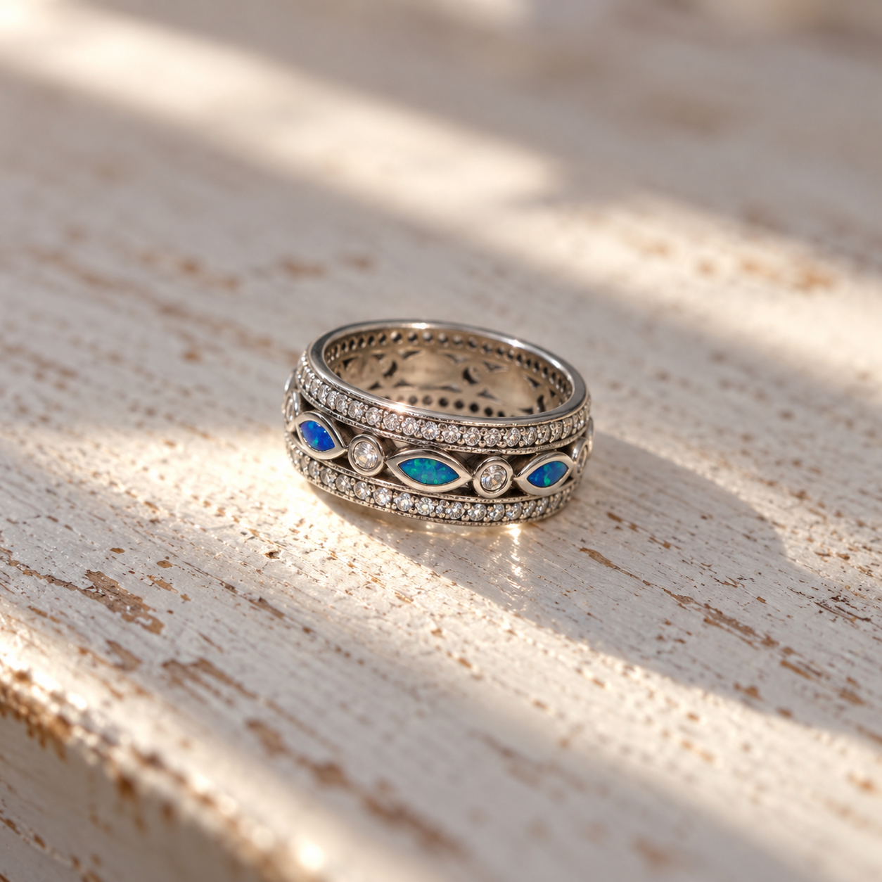 Blue Opal Marquise Eternity Ring – 925 Sterling Silver