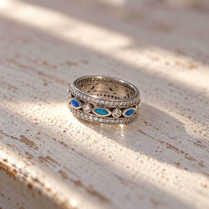 Blue Opal Marquise Eternity Ring – 925 Sterling Silver