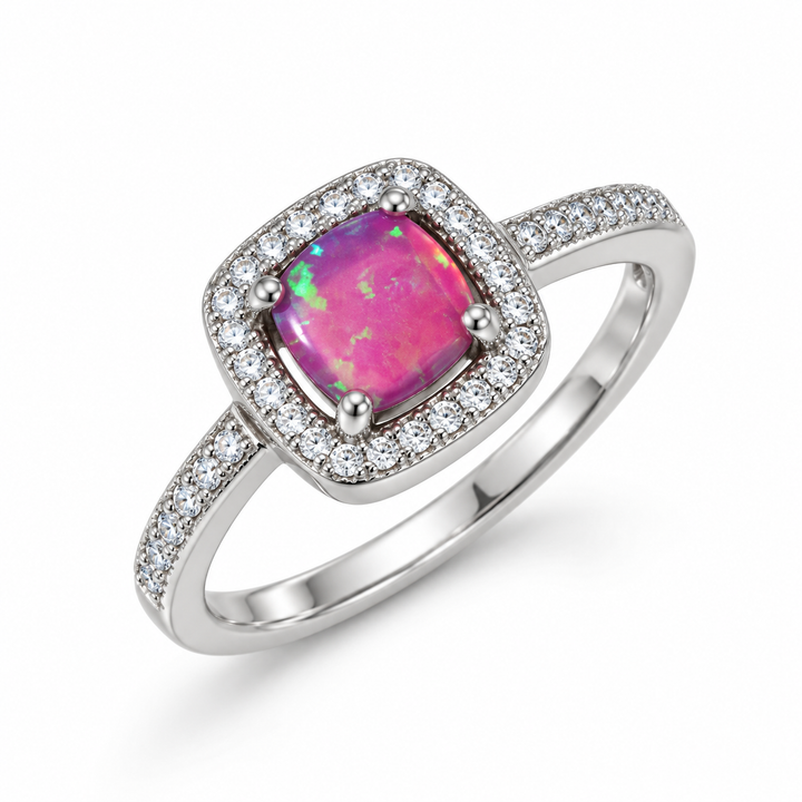 Pink Opal Cushion-Cut Halo Ring – 925 Sterling Silver