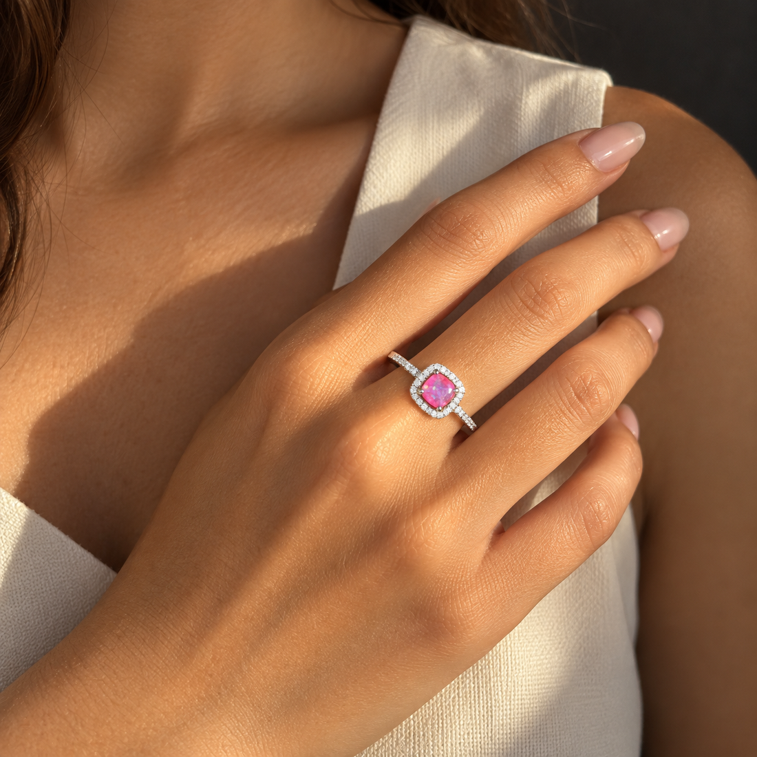 Pink Opal Cushion-Cut Halo Ring – 925 Sterling Silver