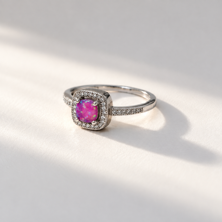 Pink Opal Cushion-Cut Halo Ring – 925 Sterling Silver