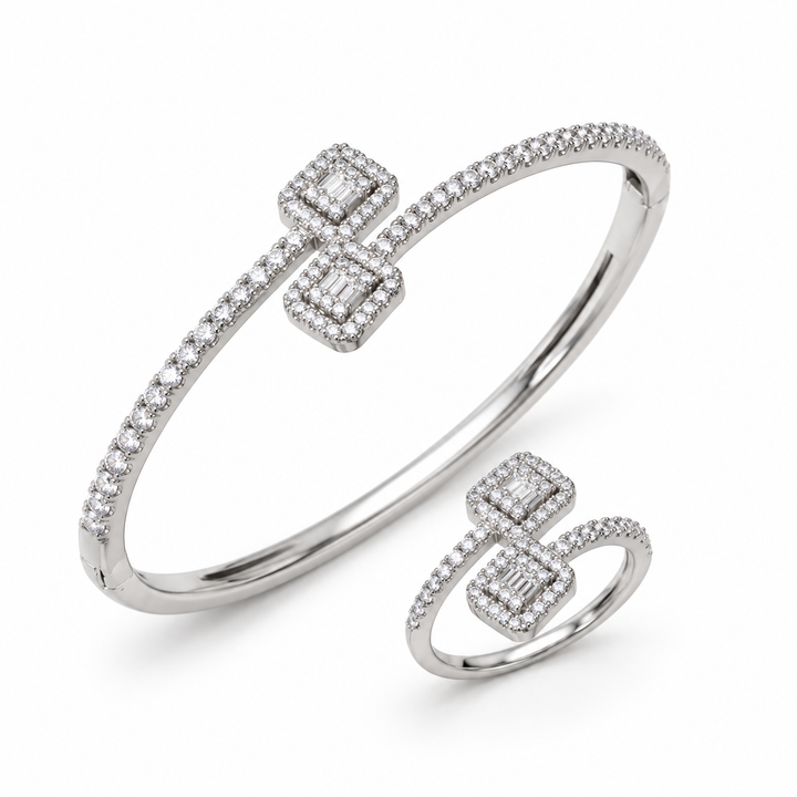 Geometric Cubic Zirconia Bracelet & Ring Set – 925 Sterling Silver