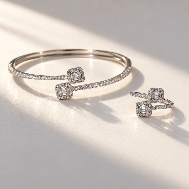 Geometric Cubic Zirconia Bracelet & Ring Set – 925 Sterling Silver