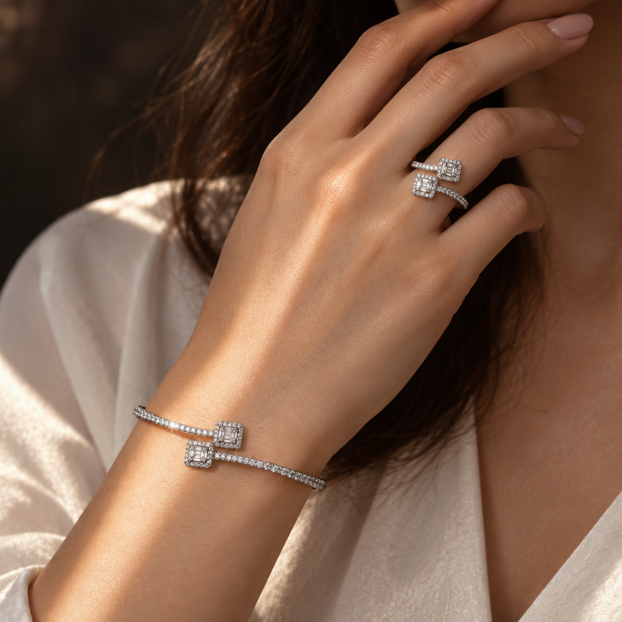 Geometric Cubic Zirconia Bracelet & Ring Set – 925 Sterling Silver