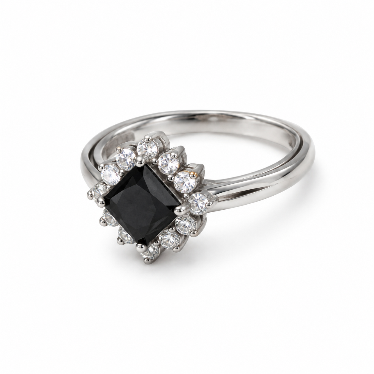 Black Square Halo Ring – 925 Sterling Silver