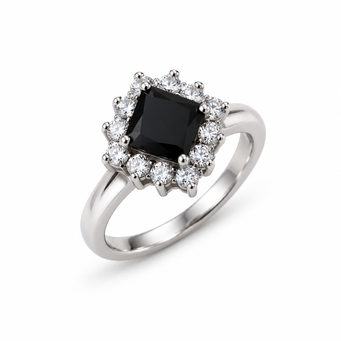 Black Square Halo Ring – 925 Sterling Silver