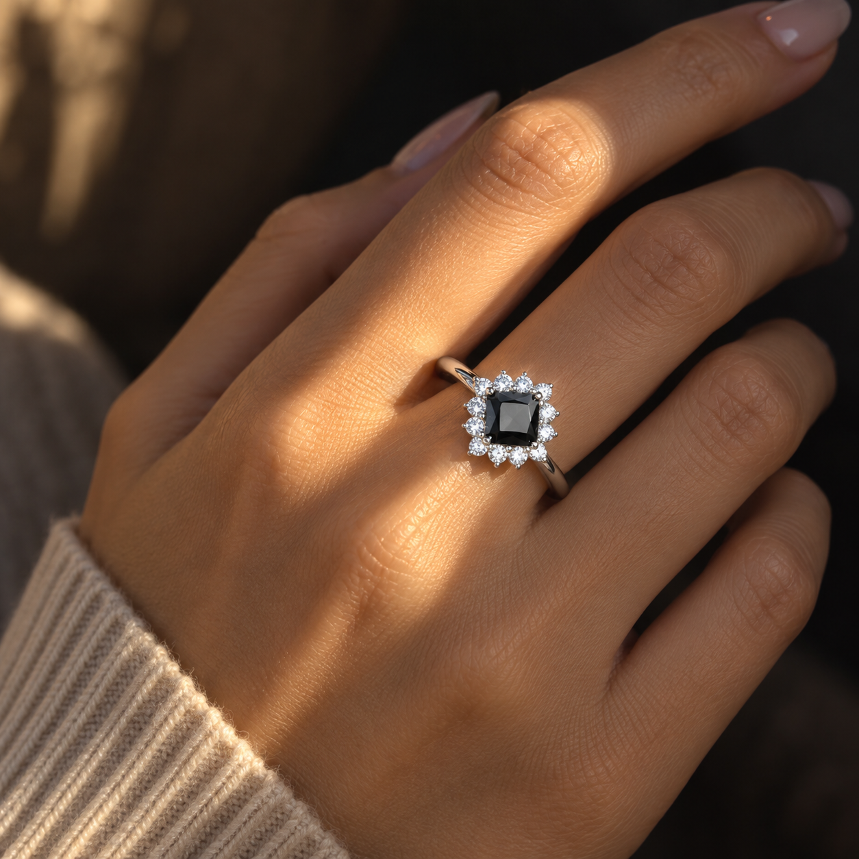 Black Square Halo Ring – 925 Sterling Silver
