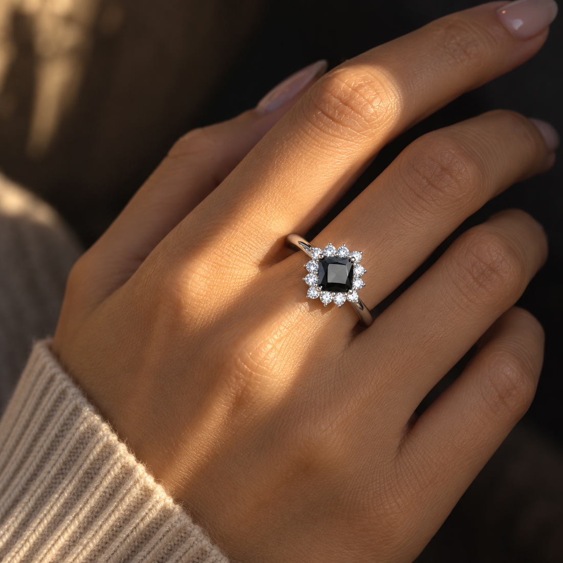 Black Square Halo Ring – 925 Sterling Silver