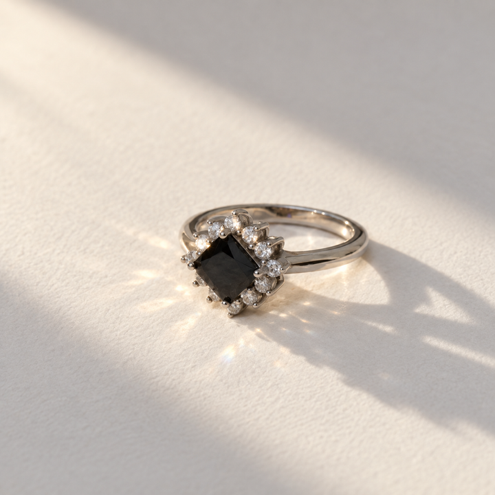 Black Square Halo Ring – 925 Sterling Silver