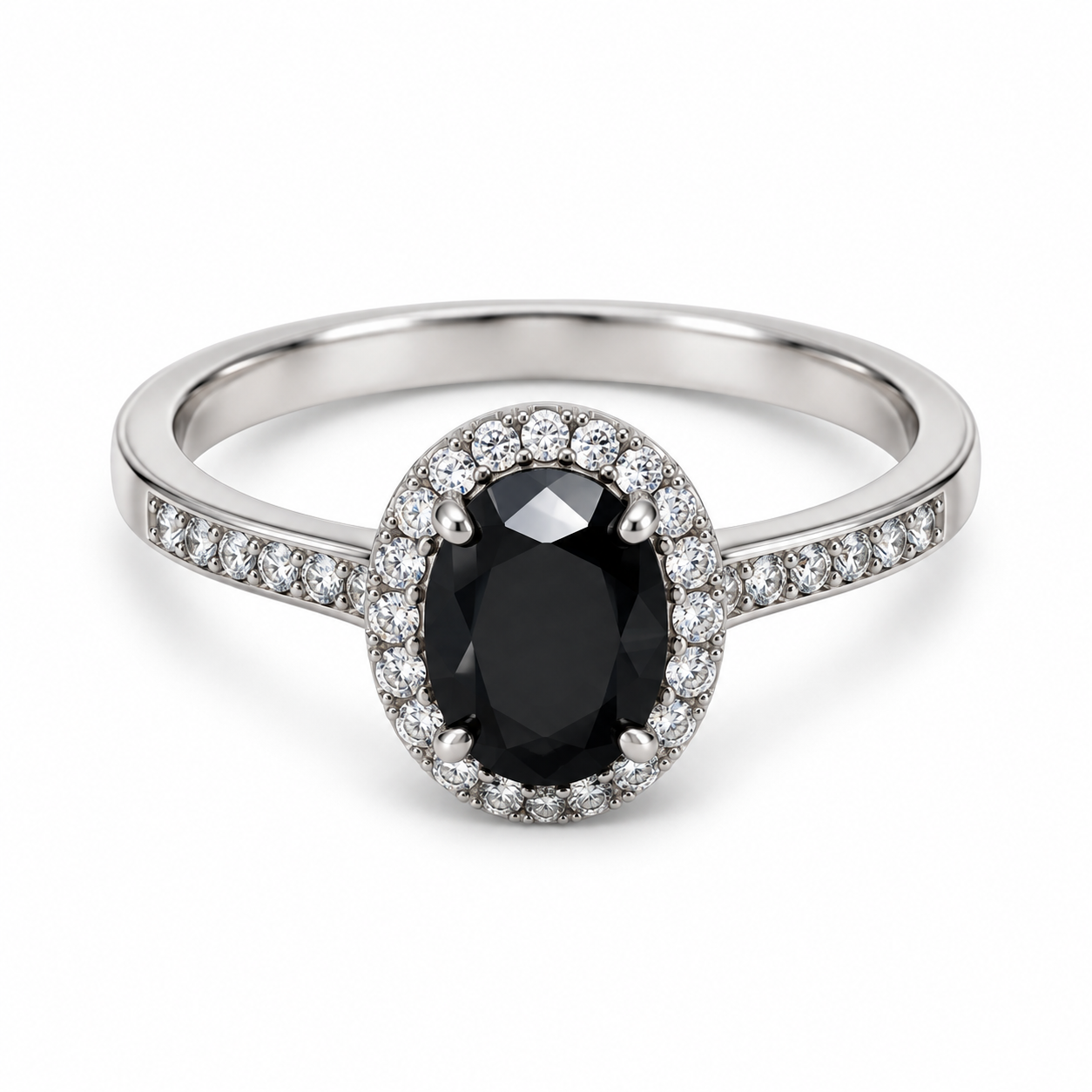 Oval Black Onyx Halo Ring – 925 Sterling Silver