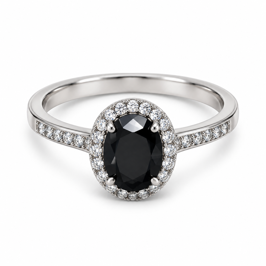 Oval Black Onyx Halo Ring – 925 Sterling Silver