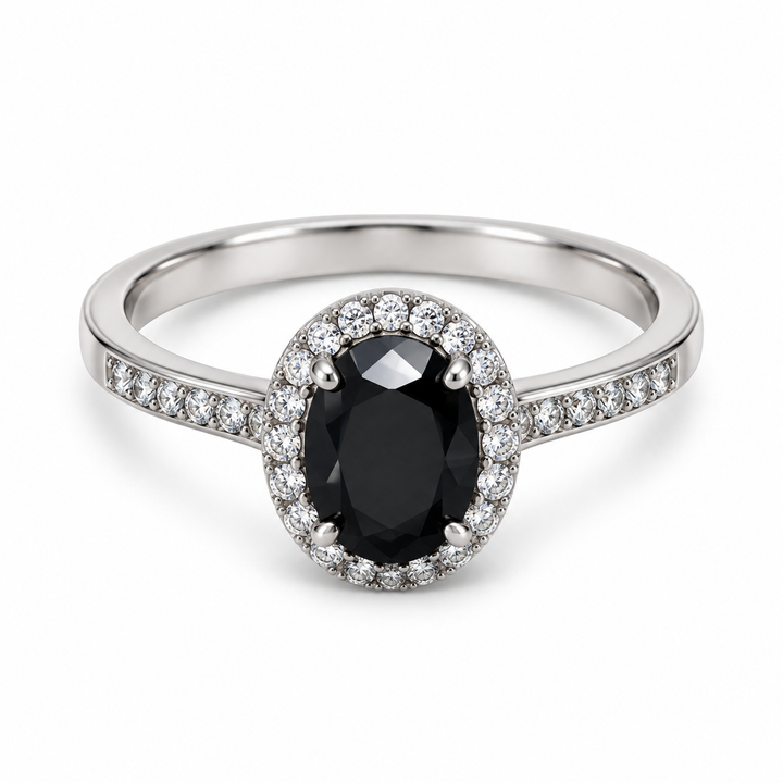 Oval Black Onyx Halo Ring – 925 Sterling Silver