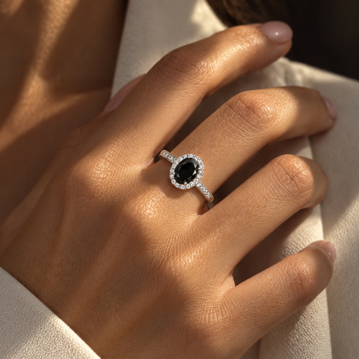 Oval Black Onyx Halo Ring – 925 Sterling Silver