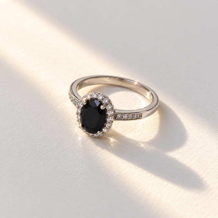 Oval Black Onyx Halo Ring – 925 Sterling Silver