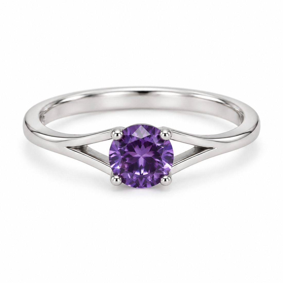 Round Purple Stone Solitaire Ring – 925 Sterling Silver