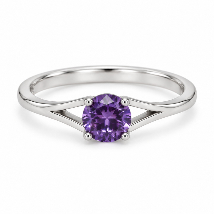 Round Purple Stone Solitaire Ring – 925 Sterling Silver