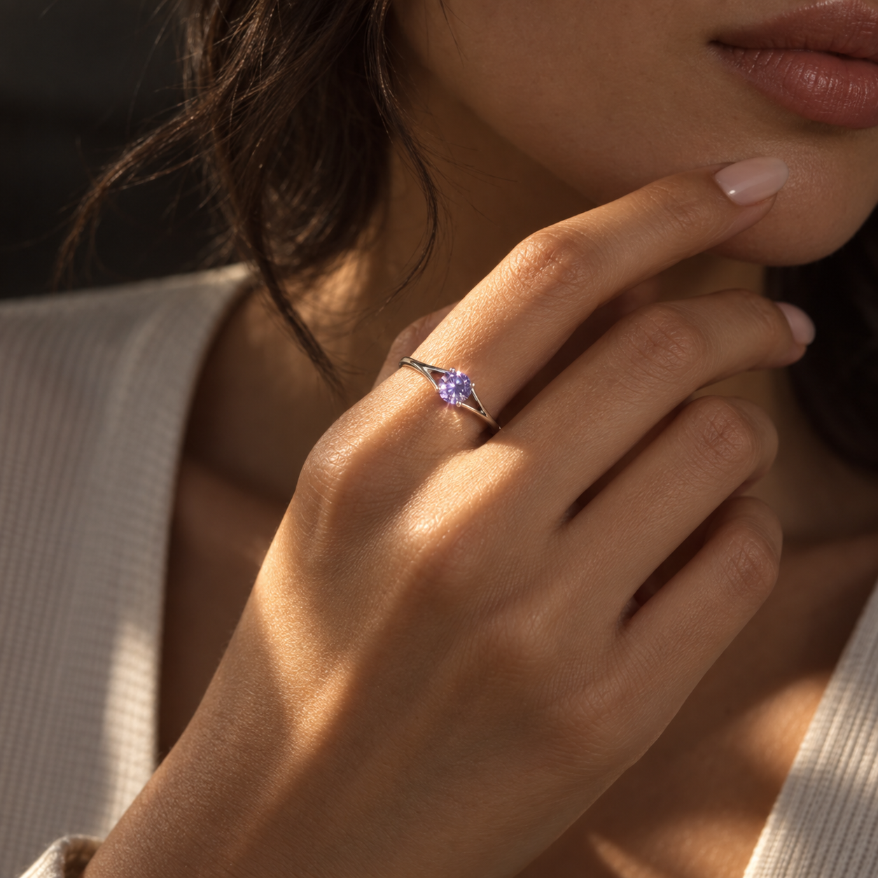 Round Purple Stone Solitaire Ring – 925 Sterling Silver