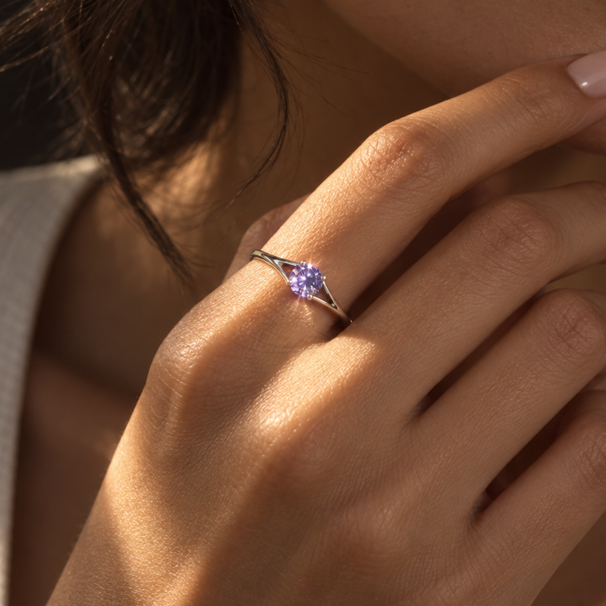 Round Purple Stone Solitaire Ring – 925 Sterling Silver