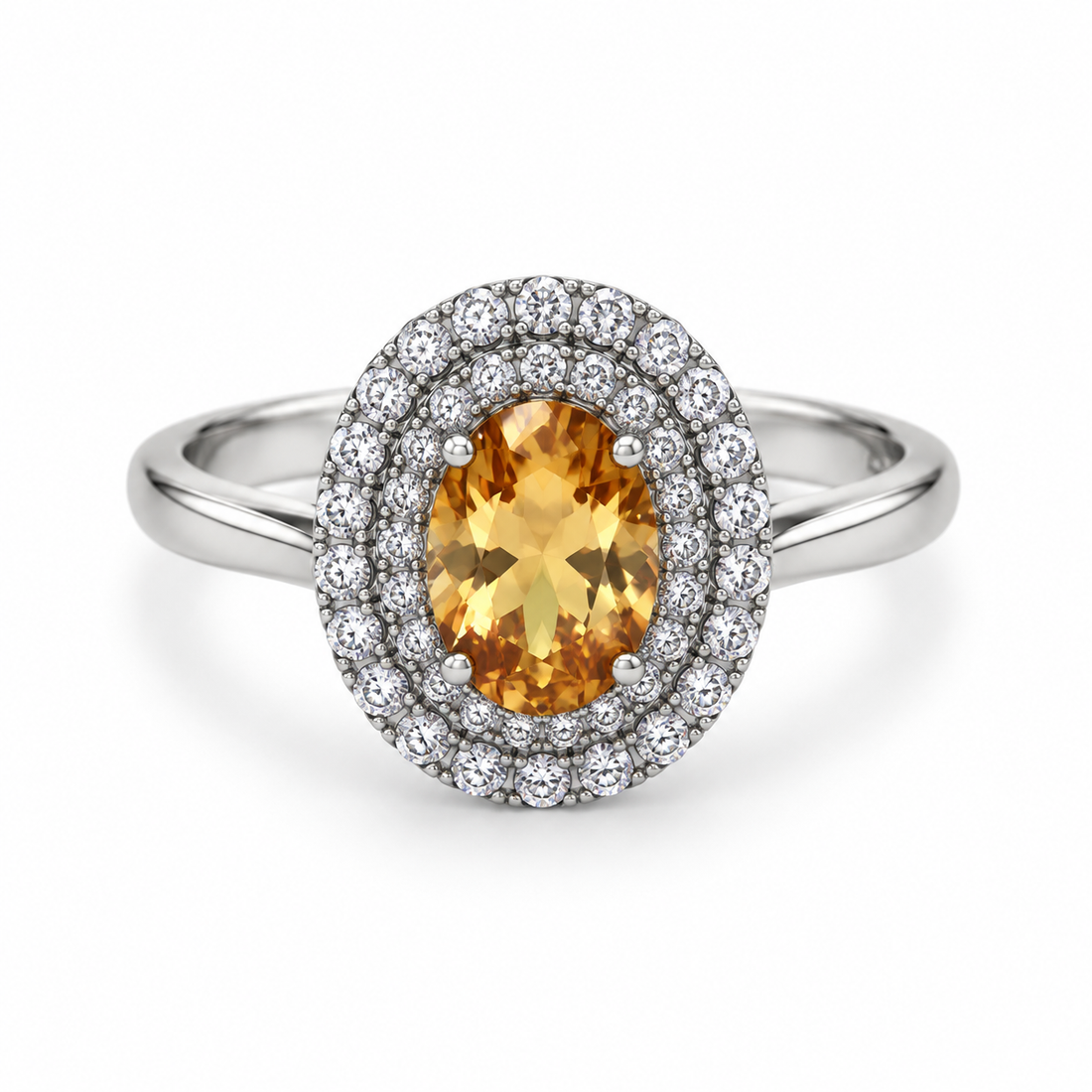 Oval Citrine Double Halo Ring in 925 Sterling Silver