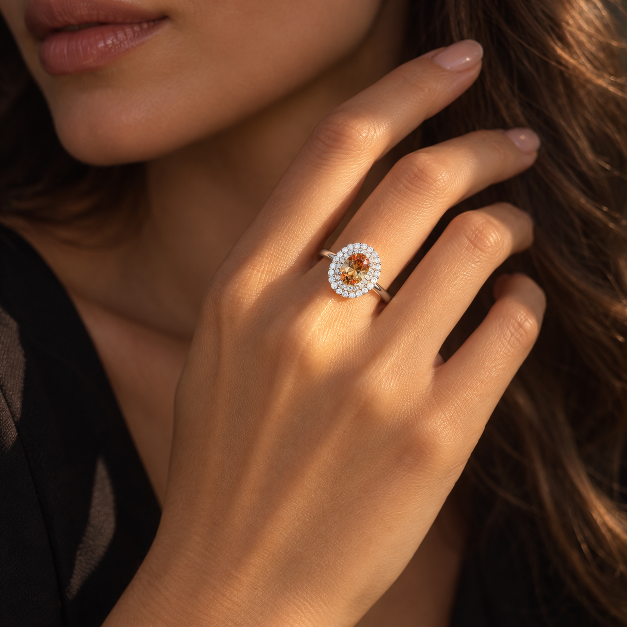 Oval Citrine Double Halo Ring in 925 Sterling Silver