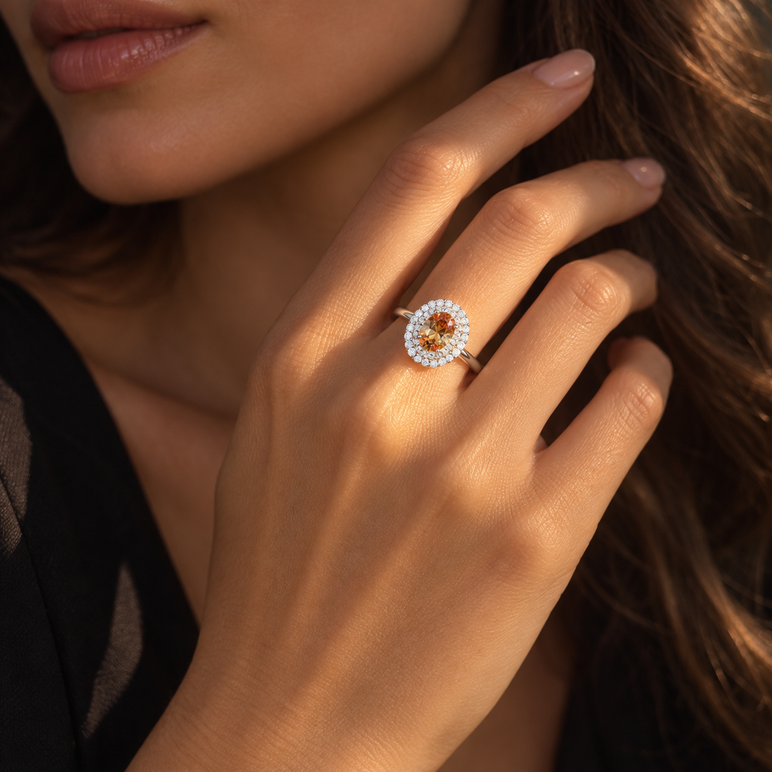 Oval Citrine Double Halo Ring in 925 Sterling Silver