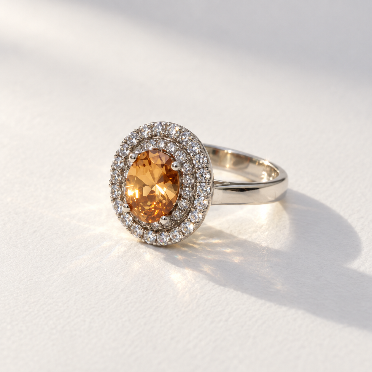 Oval Citrine Double Halo Ring in 925 Sterling Silver
