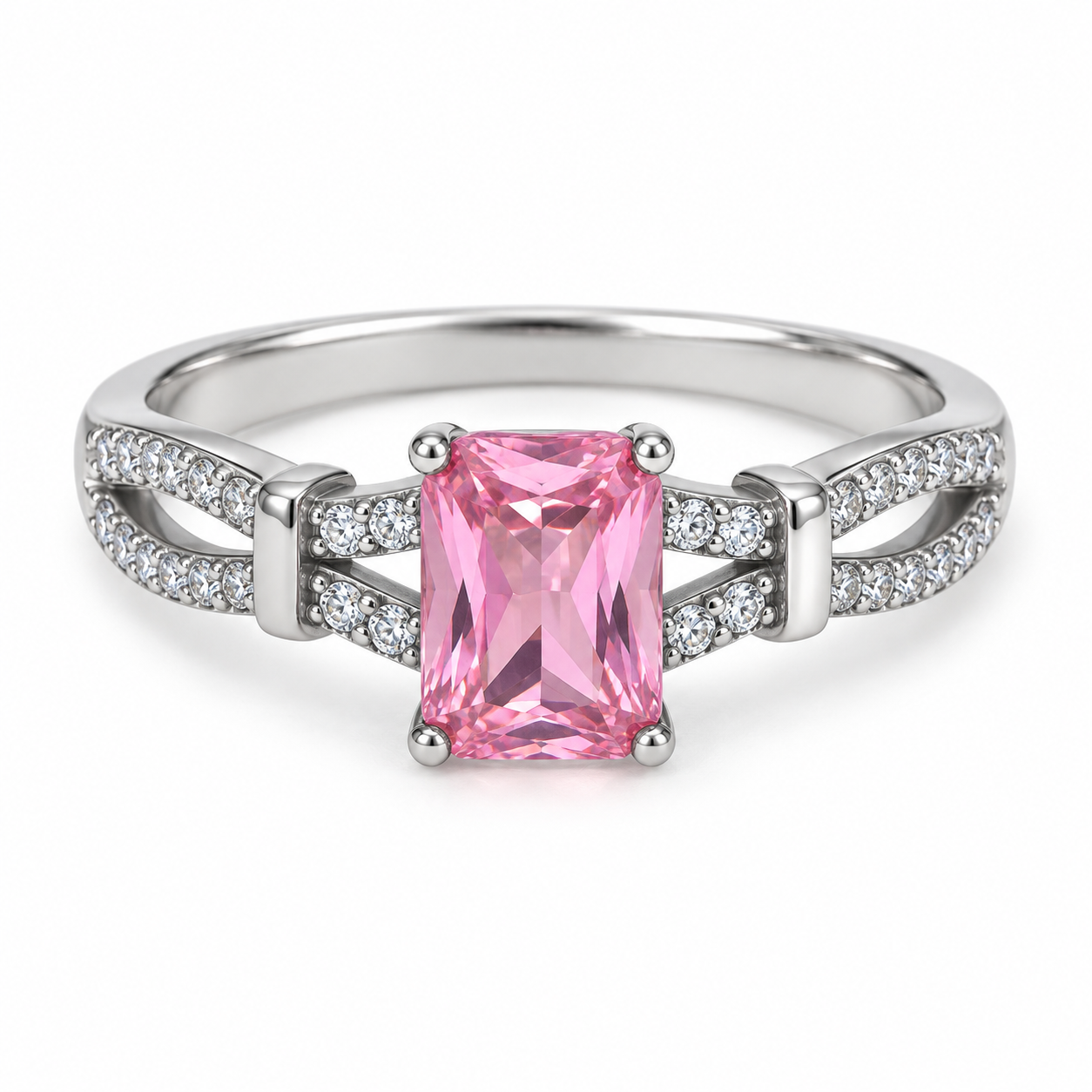 Rectangular-Cut Pink Stone Ring in 925 Sterling Silver