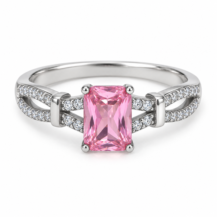 Rectangular-Cut Pink Stone Ring in 925 Sterling Silver