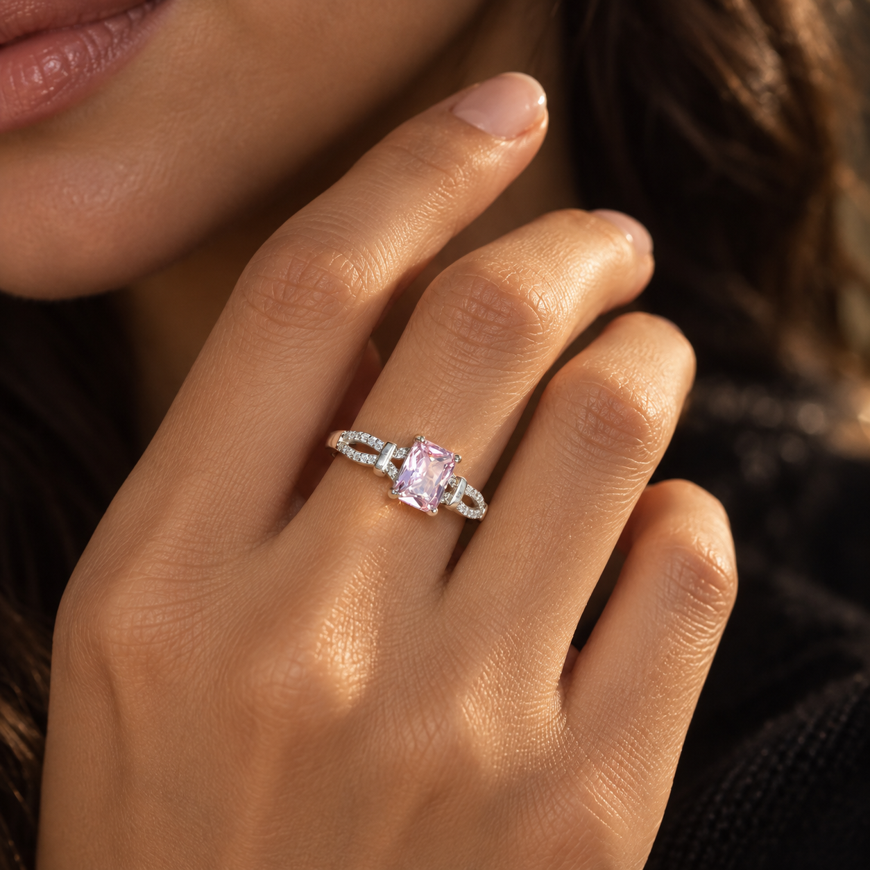 Rectangular-Cut Pink Stone Ring in 925 Sterling Silver