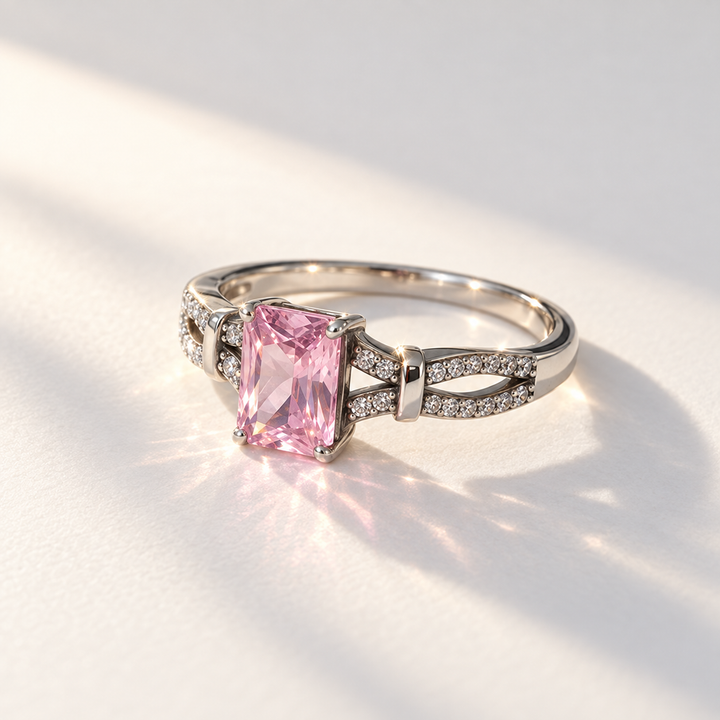 Rectangular-Cut Pink Stone Ring in 925 Sterling Silver