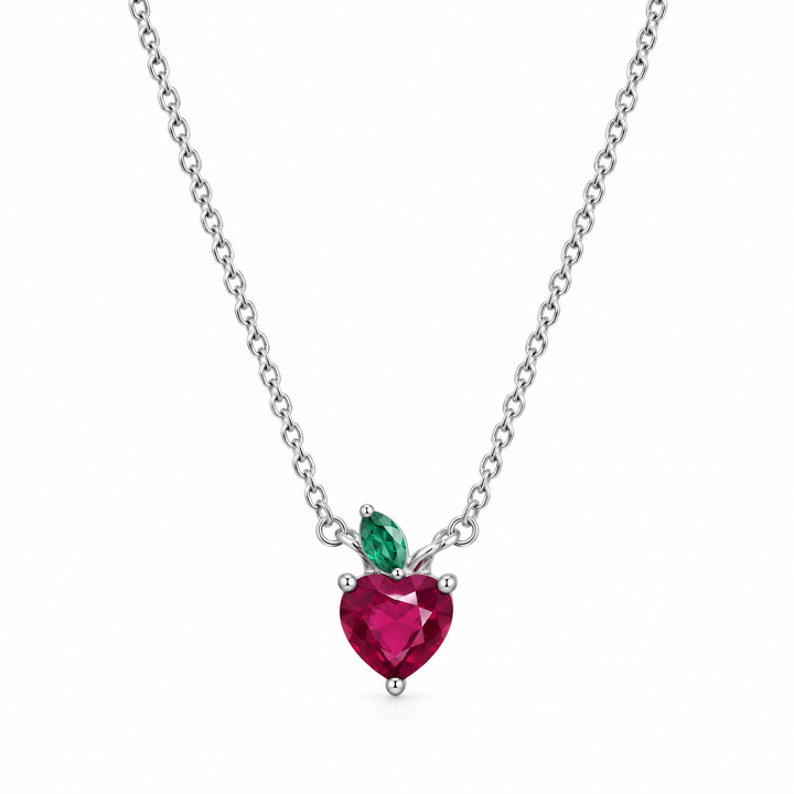 Sweet Cherry Heart Pendant Necklace - 925 Sterling Silver with Vibrant Ruby Zirconia