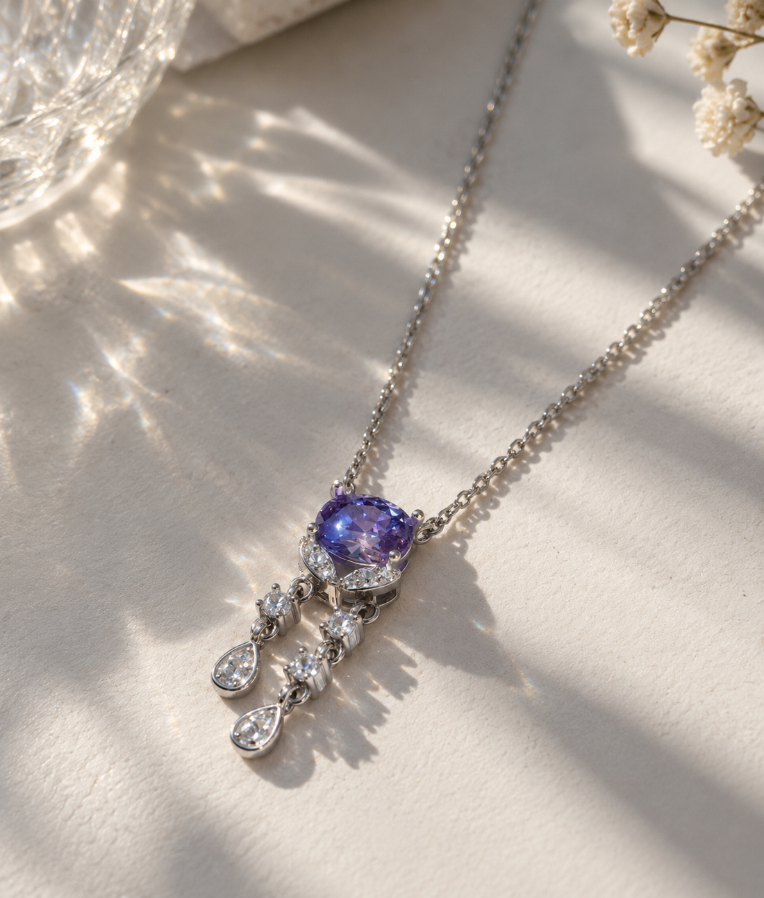 Amethyst Radiance – 925 Sterling Silver Drop Necklace
