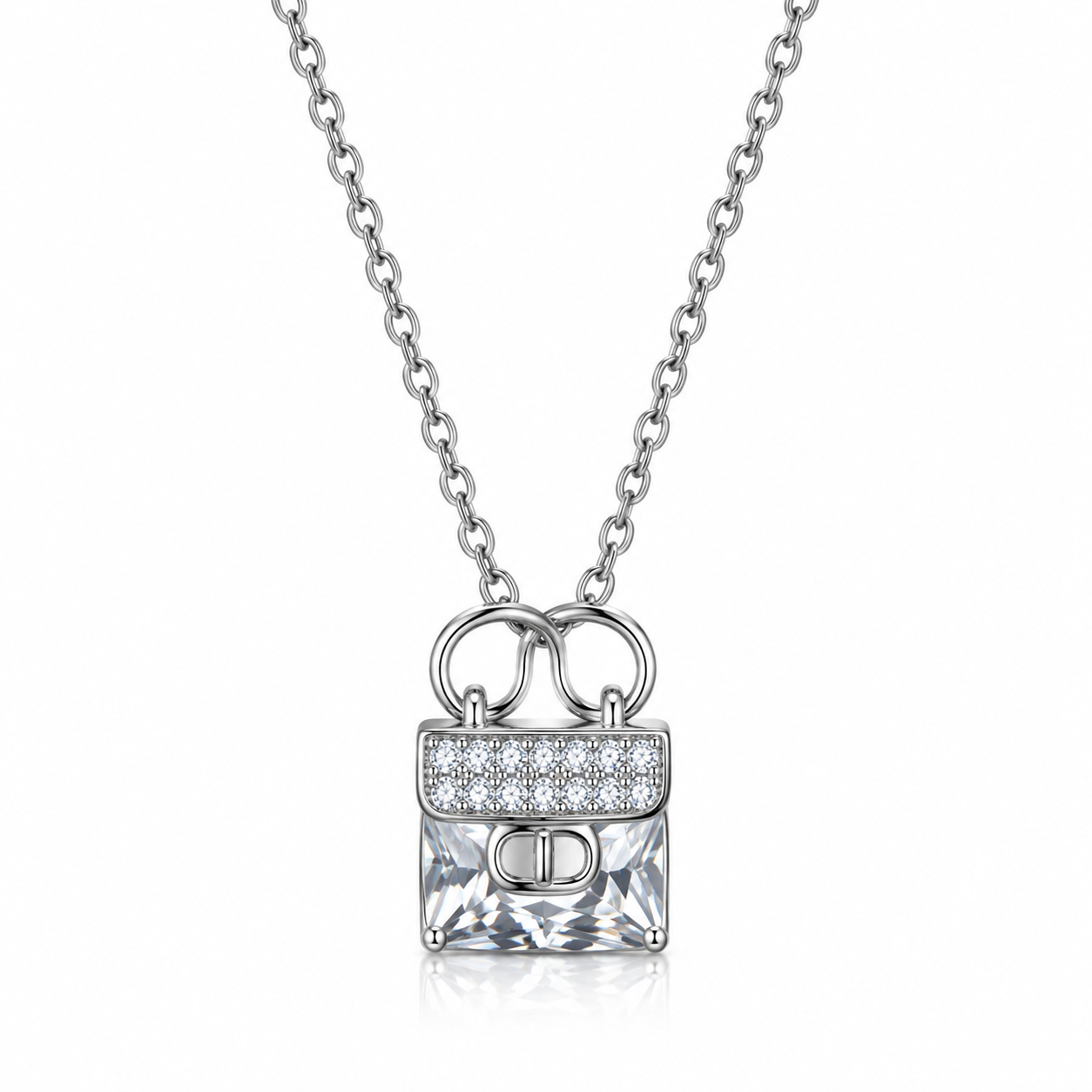 Luxe Handbag Solitaire Necklace – 925 Sterling Silver Radiant Princess-Cut Pendant