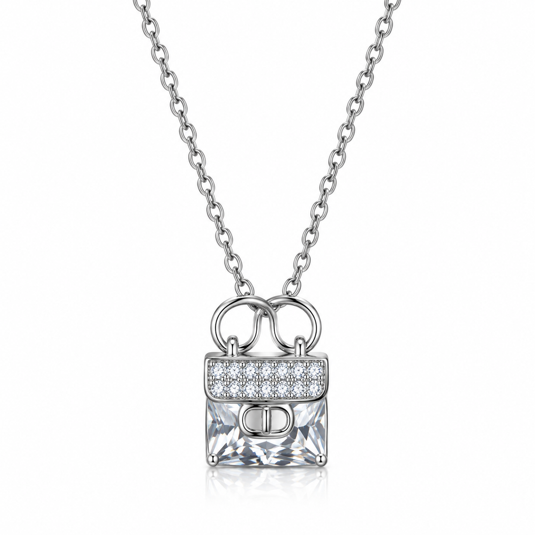 Luxe Handbag Solitaire Necklace – 925 Sterling Silver Radiant Princess-Cut Pendant