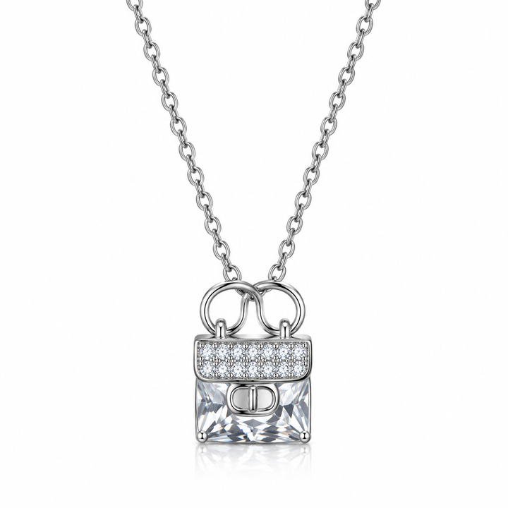 Luxe Handbag Solitaire Necklace – 925 Sterling Silver Radiant Princess-Cut Pendant