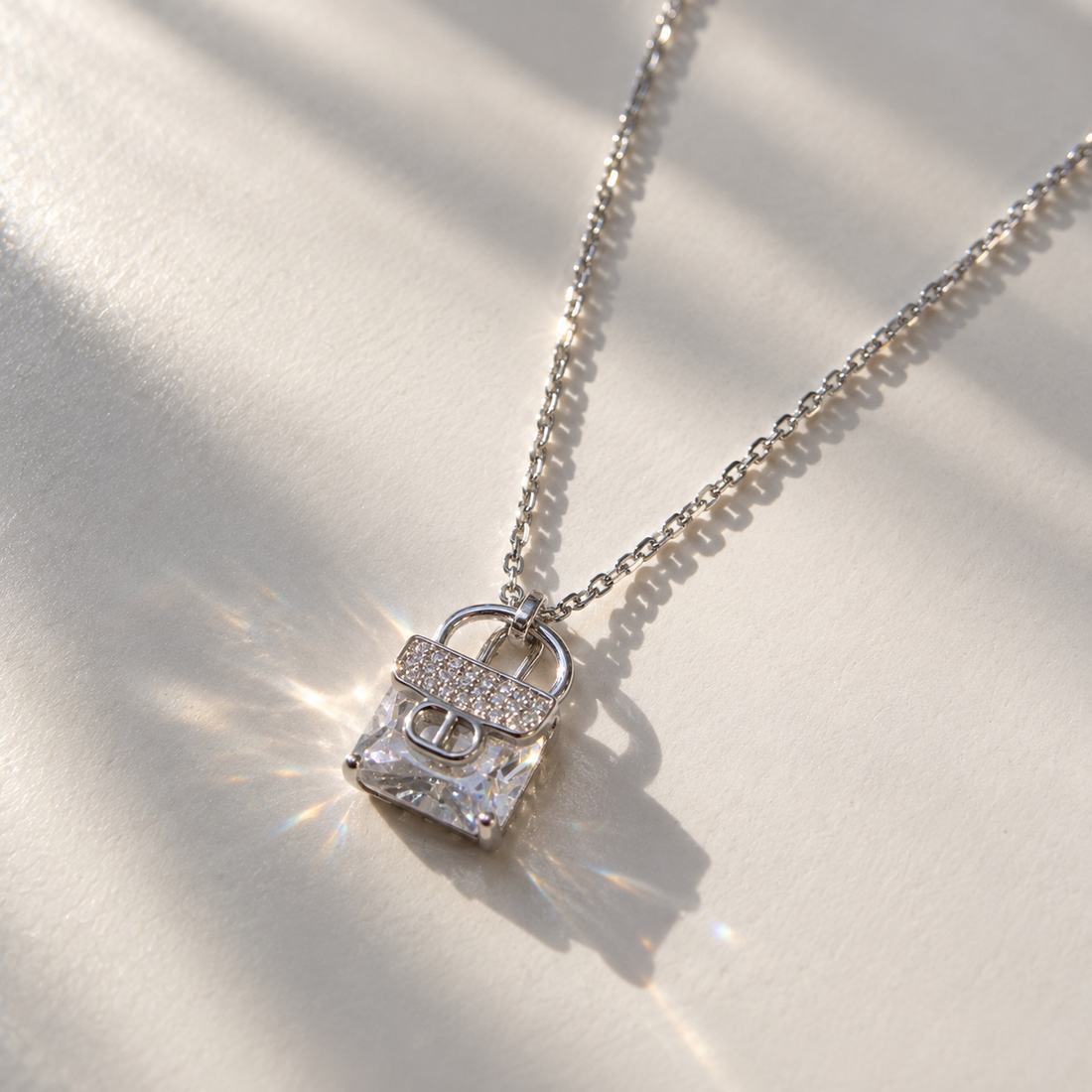 Luxe Handbag Solitaire Necklace – 925 Sterling Silver Radiant Princess-Cut Pendant